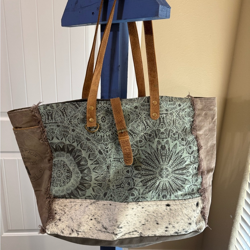 Myra Bag Teal and Brown Travel Tote with White Pattern - Picture 11 of 11